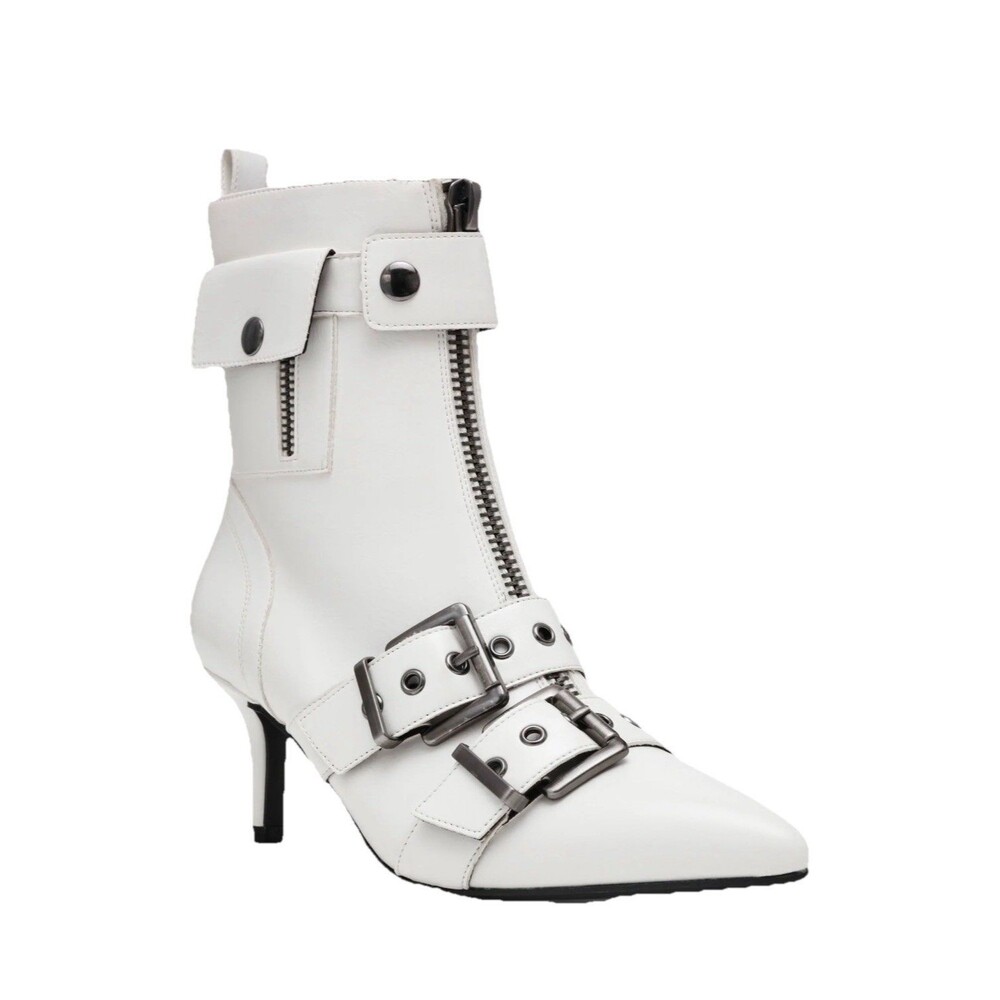 Wild Pair Moonbeam Womens Buckle Booties white Pointed Toe Heeled Boots Size 5M